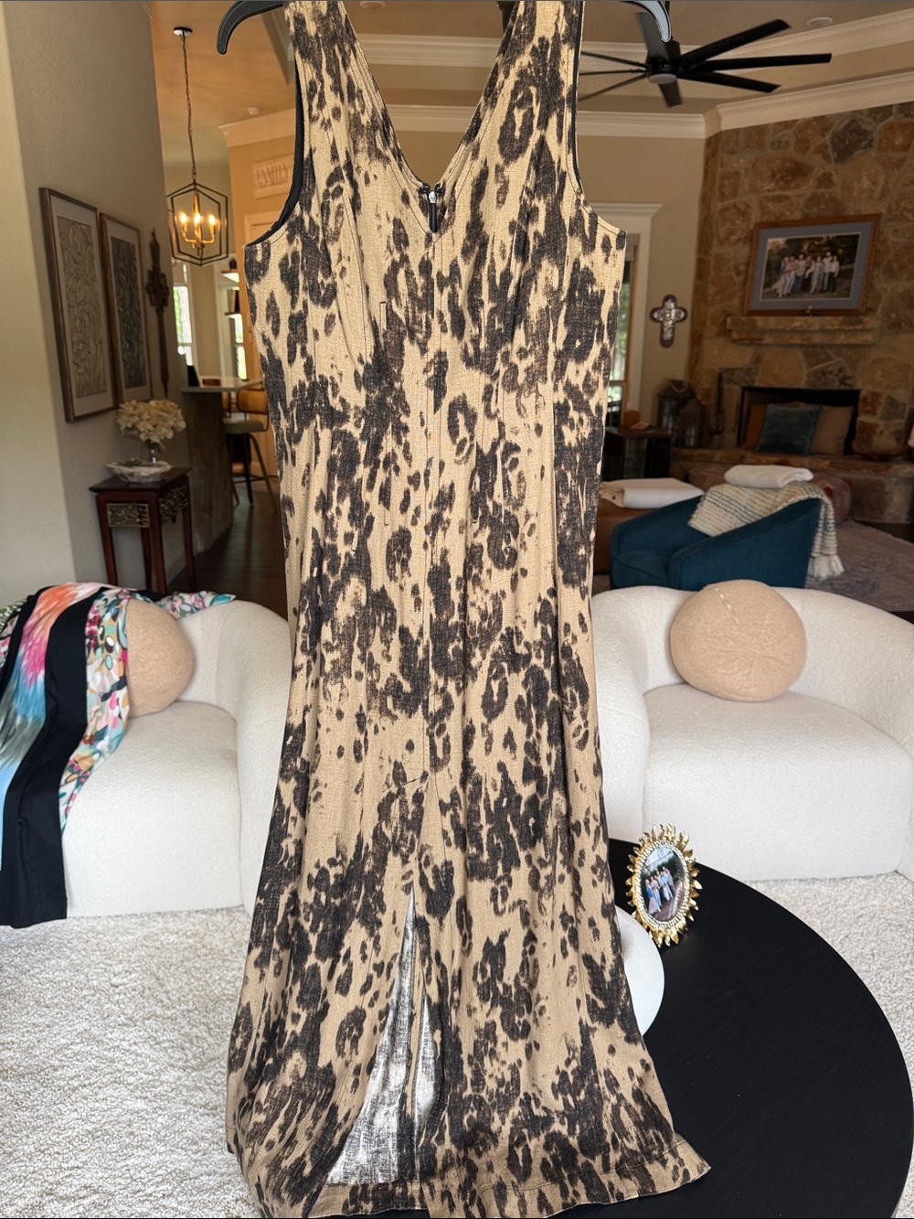 Banana Republic Beige and Black Leopard-Print Linen Blend Midi Dress